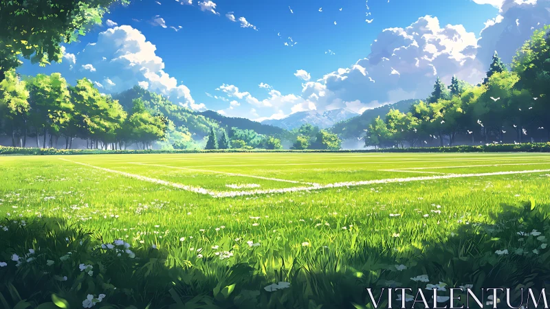 Sunlit soccer field rendered with crisp linear perspective and depth