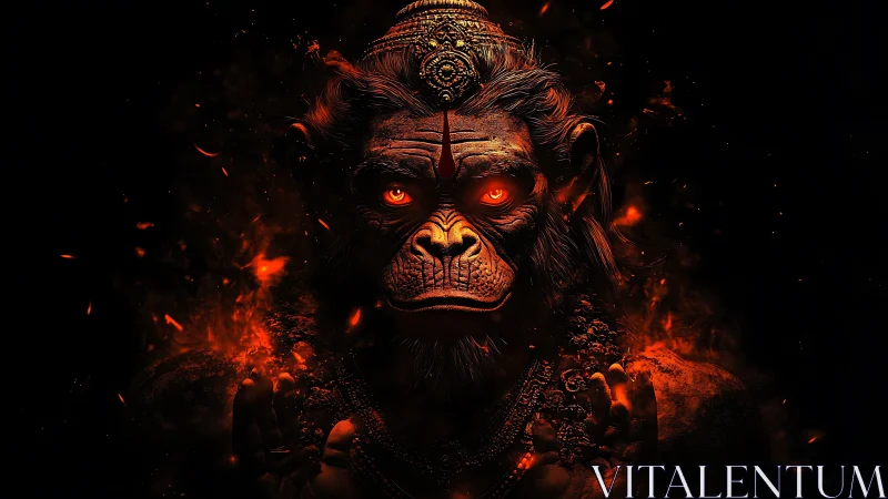Ember-eyed simian deity crowned in ritual firestorm.