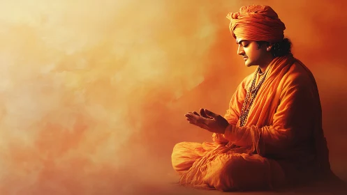 Monk in saffron robes meditates in diffuse golden haze