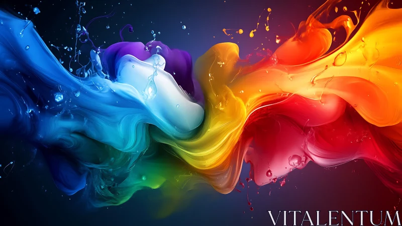 Fluid rainbow paint waves with splashes on dark background.
