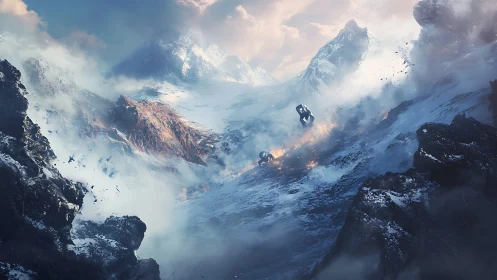 Snowy alien mountains glowing with wandering fire mechs.