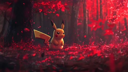 Pikachu stands in a vivid red forest clearing at dusk.