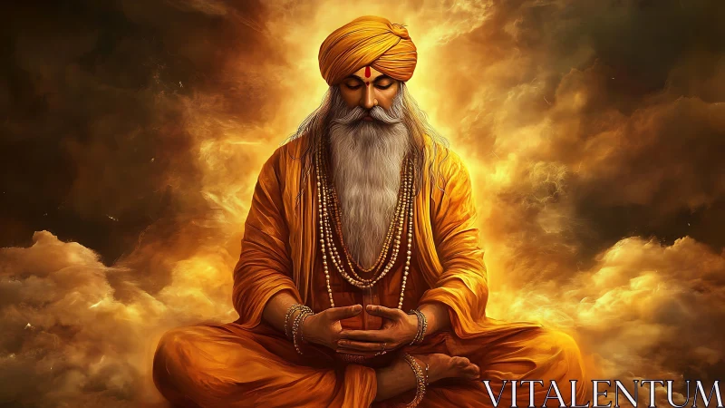 Radiant ascetic yogi in golden meditative luminosity field.
