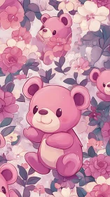 Pink kawaii teddy bear pattern with pastel floral background.