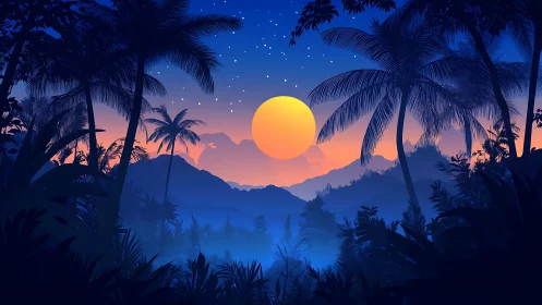 Moonrise over cobalt jungle dreams and misty horizons.