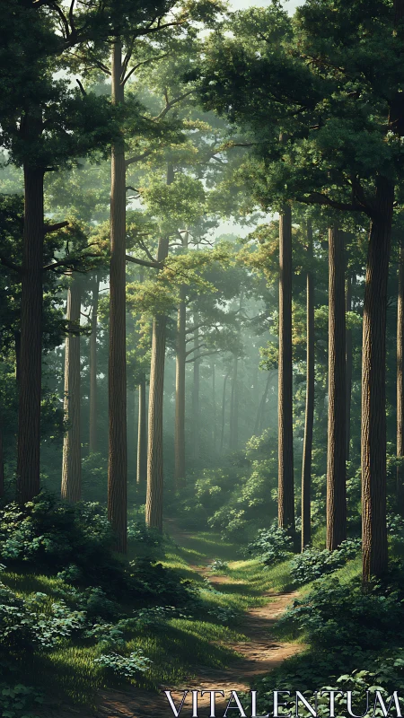 Sunlit Forest Path Through Ancient Towering Trees.