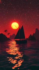 Sail silhouette under spectral red lunar ocean radiance.