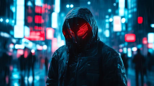 Hooded figure with red visor in neon city street at night.