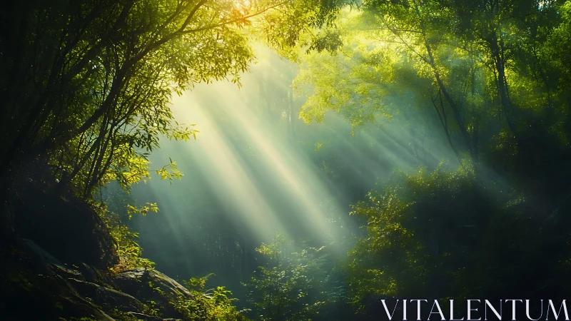 Forest canopy with directional light rays penetrating dense foliage