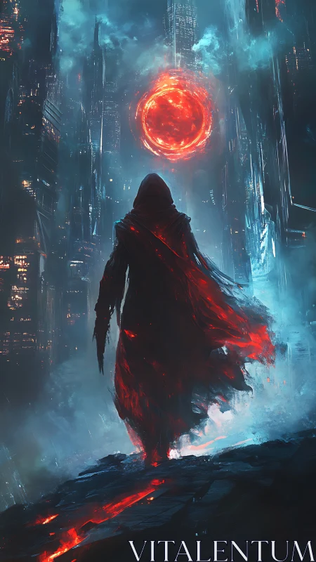Cloaked figure faces burning red sphere above neon city