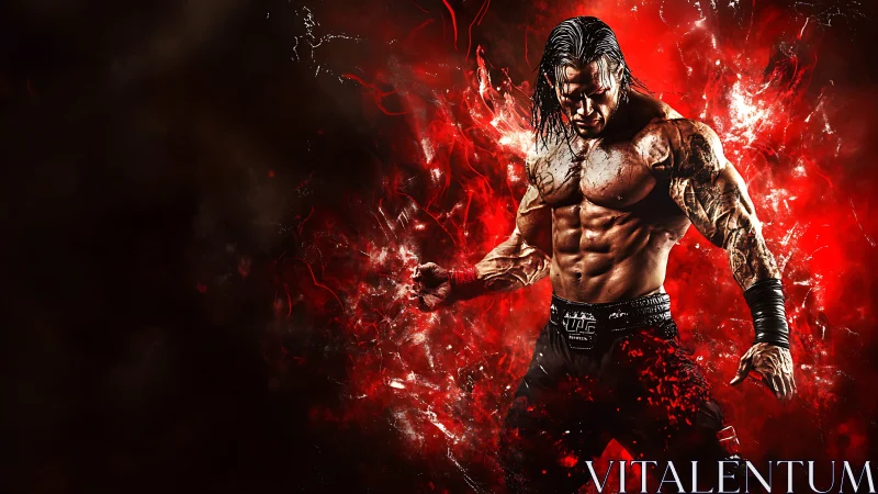 Muscular fighter poses in red energy filled digital artwork