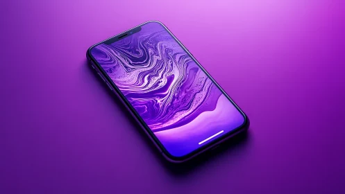 Smartphone displaying fluid abstract purple gradient with liquid marble display texture