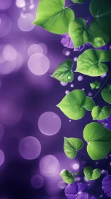 Green heart shaped leaves on blurred violet background.