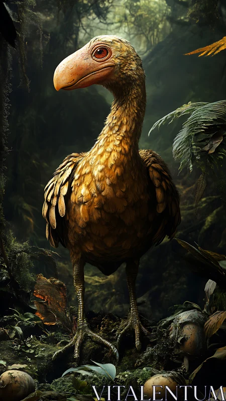 Prehistoric bird with large beak in dense forest habitat.