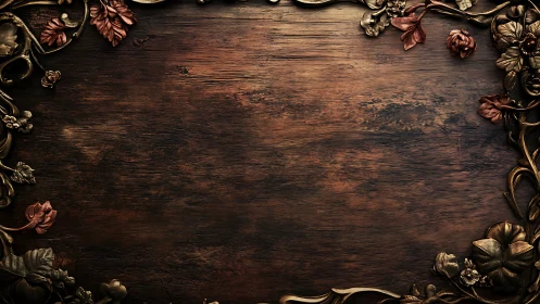 Ornate bronze floral frame on rich aged wooden panel.