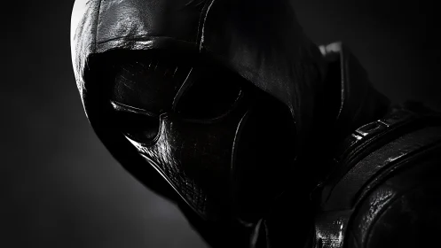 Tactical masked figure in hooded armor under noir lighting.