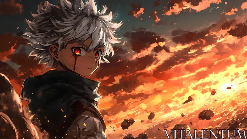 White haired anime boy faces burning sky and floating rocks