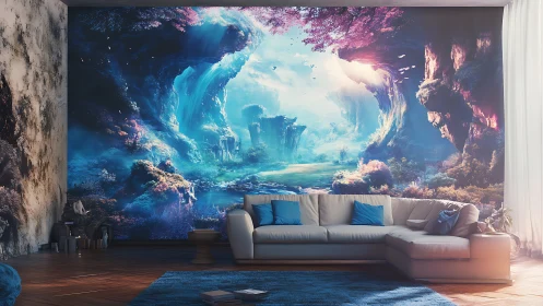 Immersive living room with luminous fantasy wall mural.