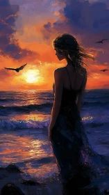 Solitary woman studies blazing ocean sunset horizon.