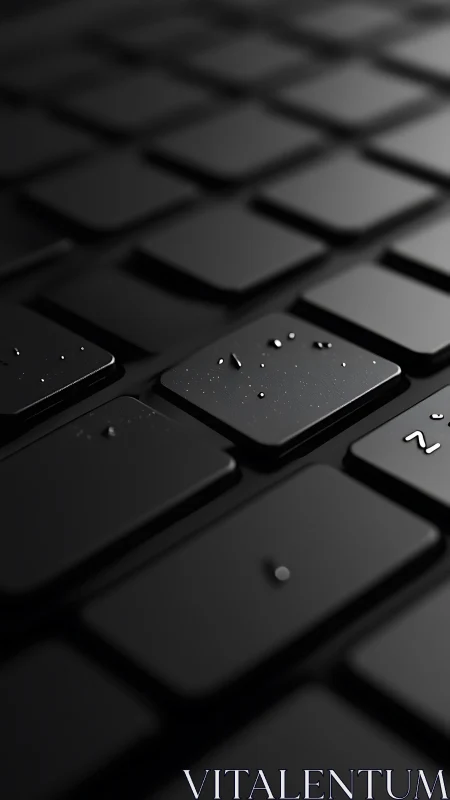 Close-up view of black keyboard keys with water droplets.
