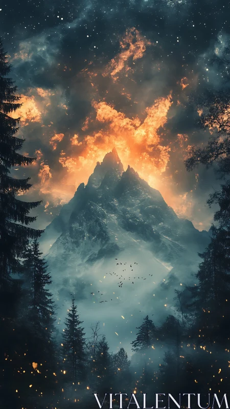 Volcanic twilight peak with incandescent cloudfire corona.