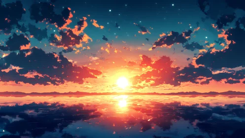 Radiant anime sunset mirrors across tranquil ocean horizon.