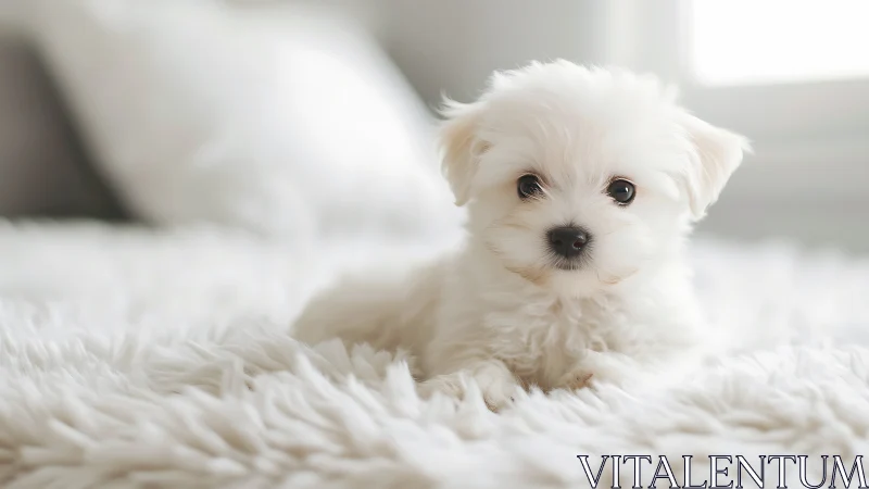 High-key portrait of white puppy on textured fleece bedding