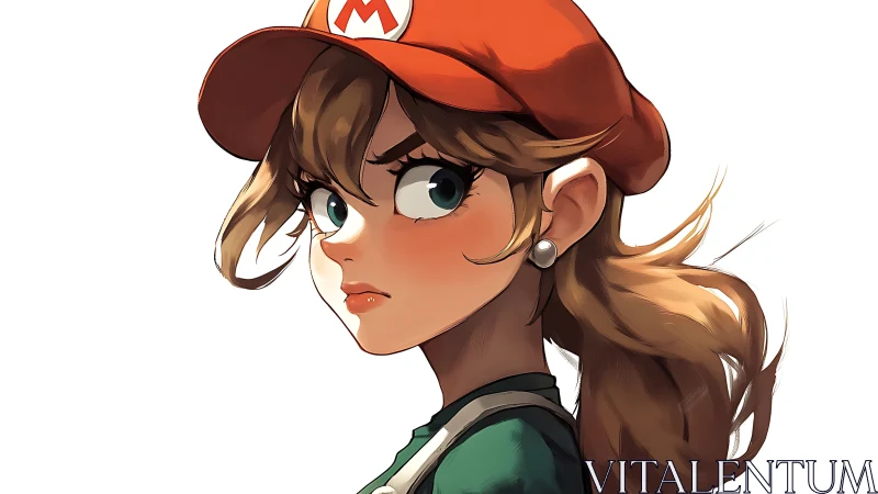 Female character in red cap and green outfit, side profile.