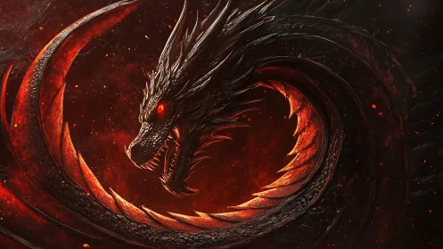 Coiled volcanic dragon rendered with high contrast rim lighting and ember glow