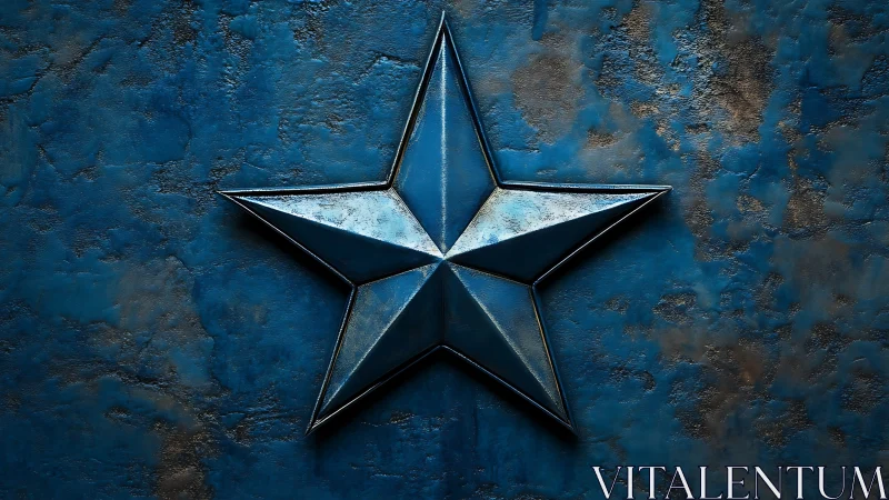 Embossed metallic star emblem on textured distressed blue panel