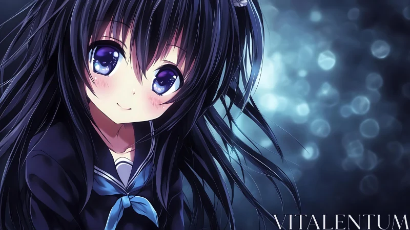 Smiling anime girl with dark hair against glowing bokeh