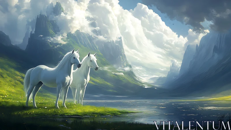Twin white horses in glacial valley under volumetric clouds.