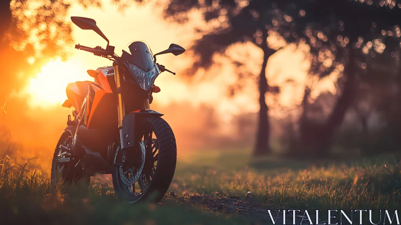 Sport motorcycle in backlit golden hour environmental portrait.