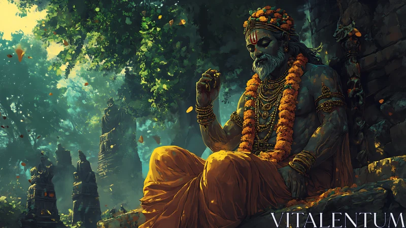 Forest sage in marigold garlands resting among stone gods.