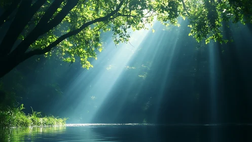 Sunlight streaming through forest trees over tranquil river scene.