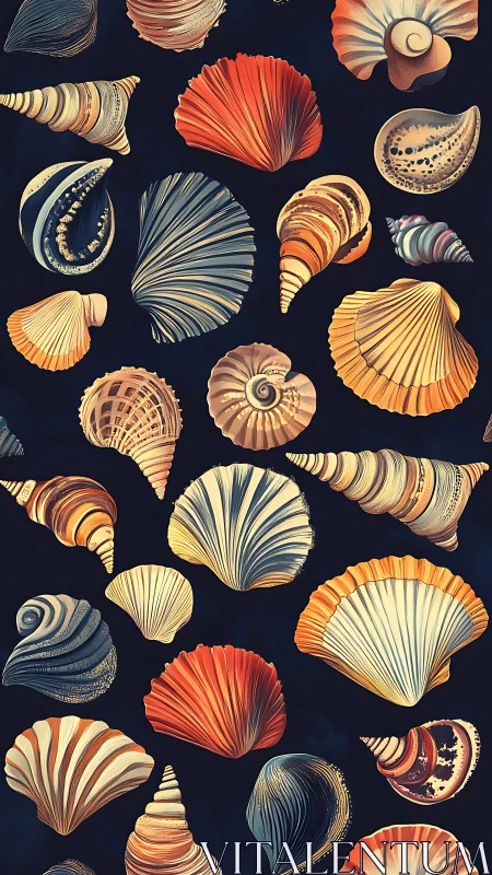 Digital painting study of patterned seashell arrays on navy ground.