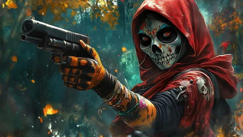 Hooded skull gunfighter in saturated forest standoff scene.