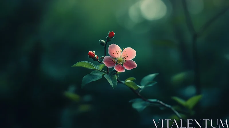 Solitary pink blossom glowing in a deep forest bokeh field.
