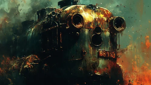 Rust-hearted war train roaring through ember-soaked fog.
