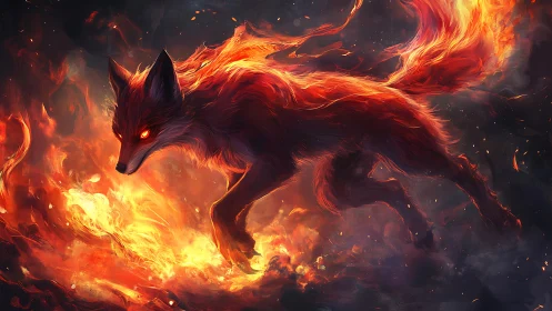 Infernal fox spirit strides through swirling wildfire.