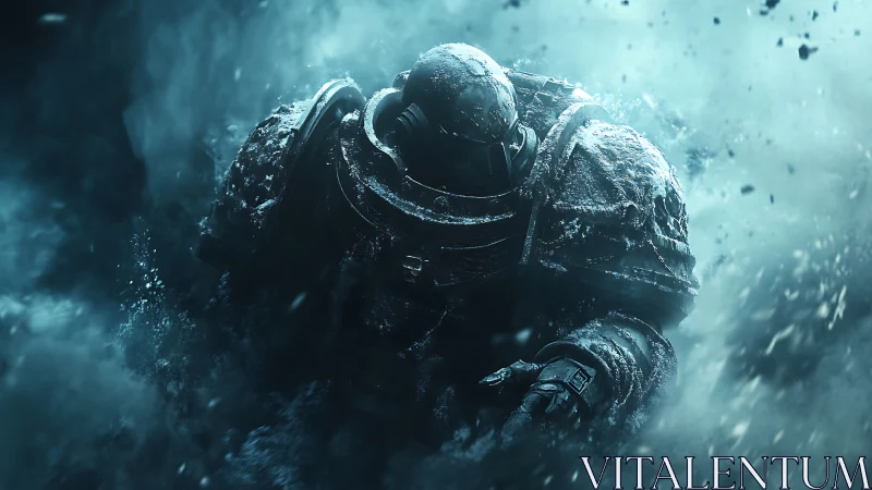 Armored sci fi soldier emerging through icy blue storm.