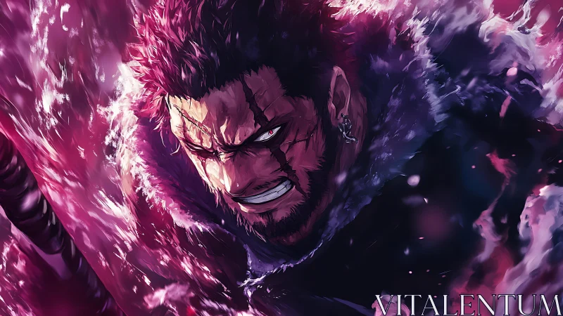 Scarred warrior erupts in crimson storm of blazing fury.