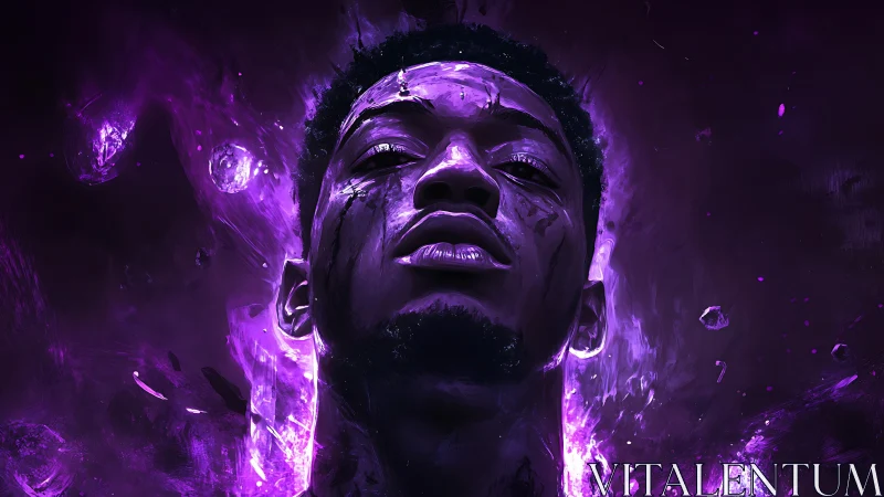 Purple energy surrounds a powerful face in glowing light