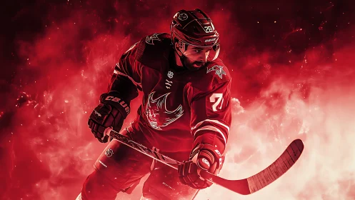 Dynamic hockey player powers through red smoky arena.