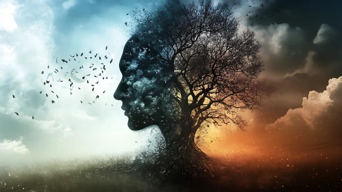 Dual sky silhouette fuses human profile with twilight tree.