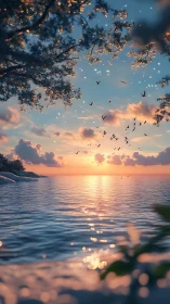 Sunset shoreline panorama renders ethereal flock and bokeh glow