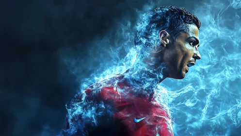 Storm-runner in red, carved from electric blue vapor.