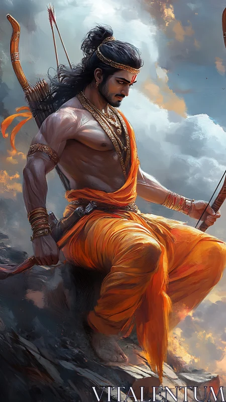 Warrior archer in saffron robes rests on a rocky summit.