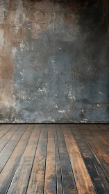 Aged plaster wall and distressed timber floor interface.