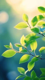 Sunlit green leaves glow against soft blue bokeh background